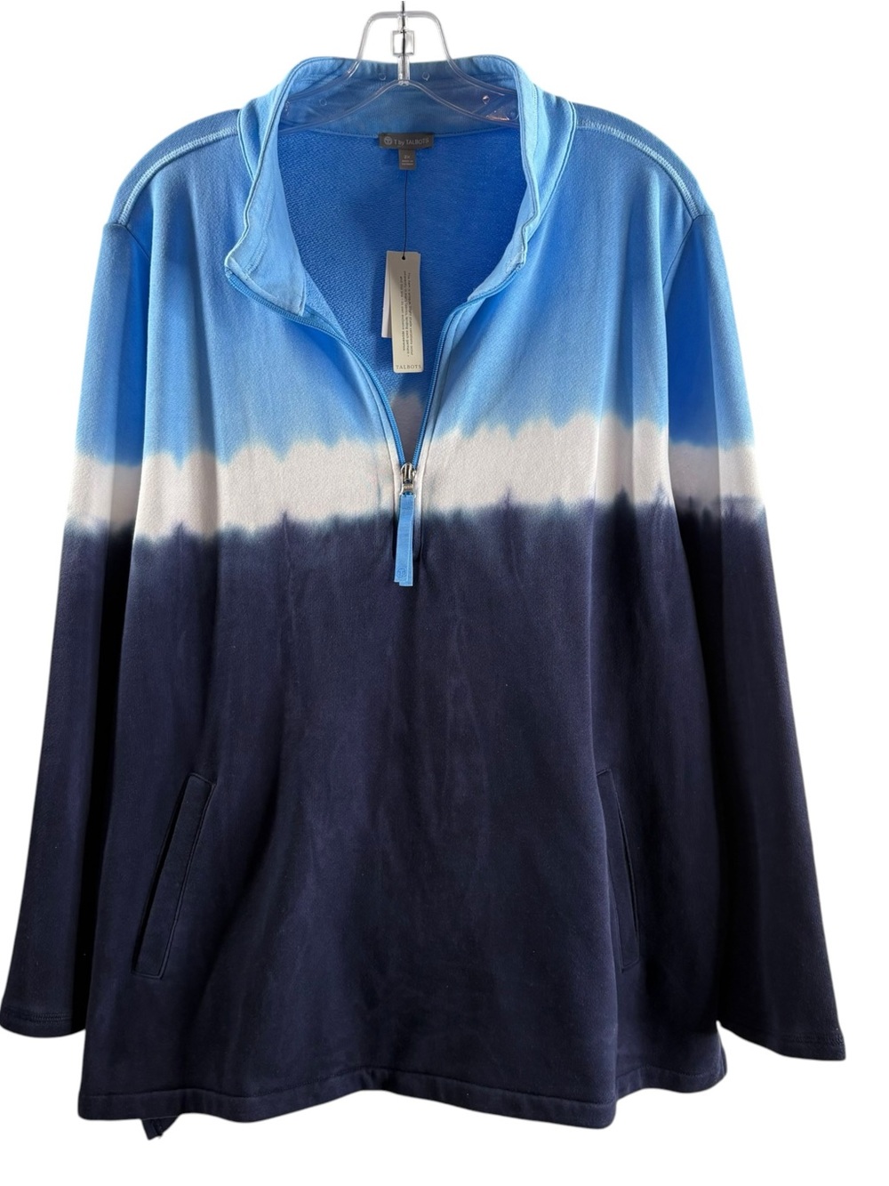 Talbots Blue and Navy Dip-Dye Ombré Quarter-Zip Pullover NWT $98